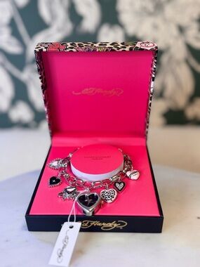 Ed Hardy Silver Heart Watch Charm Bracelet NIB